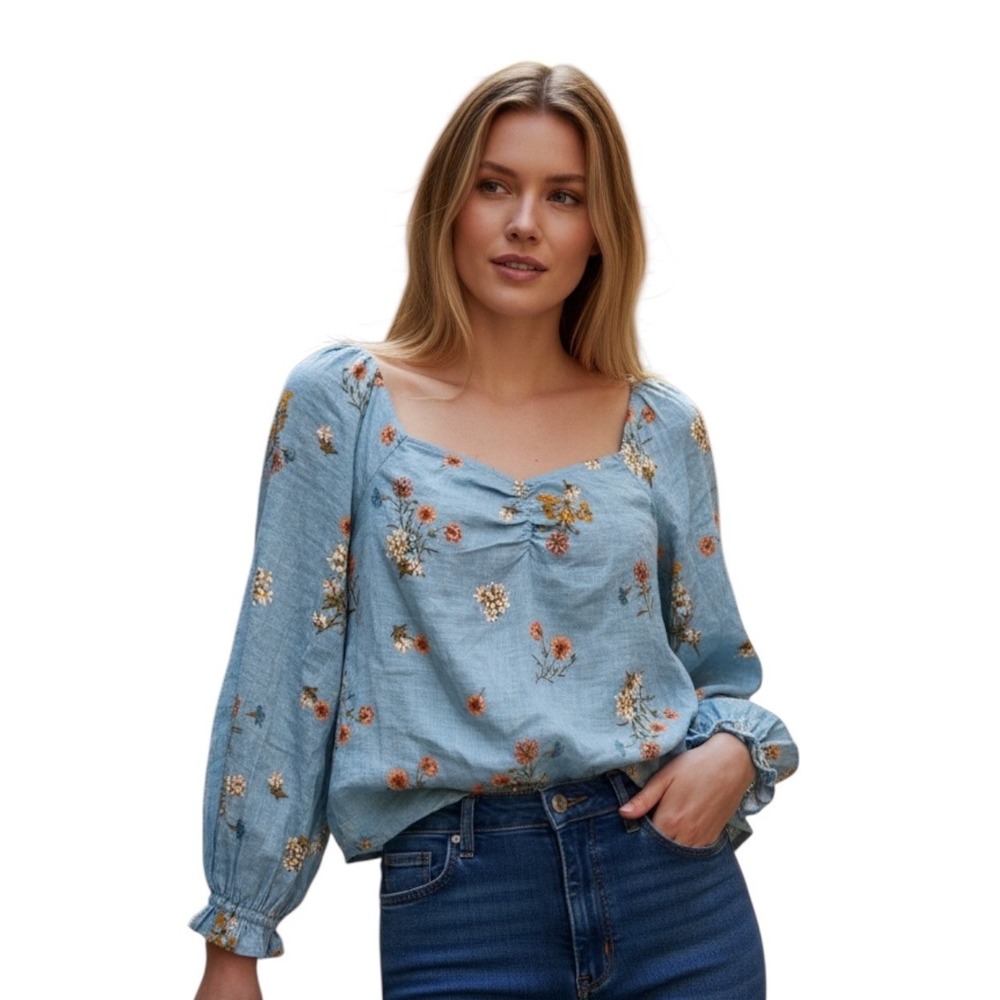 ANA a new approach Womens 1X Blue Floral Gathered Sweetheart Neck LS Blouse